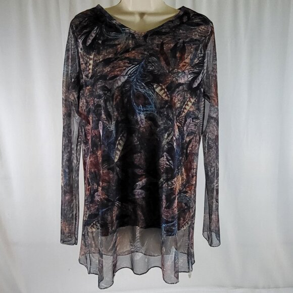 Compliments Blouse Women's Medium Sheer Long-Sleeve Feather Print Tunic Top - Picture 1 of 14